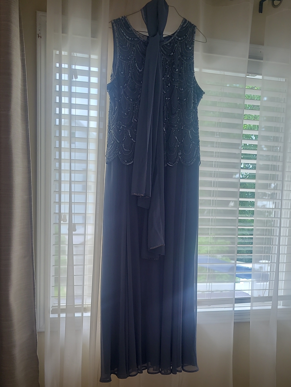 J Kara Blue Beaded Sleeveless Maxi Dress with Scarf
